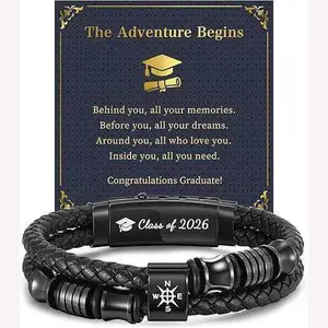 2026 Graduation Gifts for Him, Engraved "Class of 2026" Leather Bracelet with Compass Charm, Adjustable Graduation Jewelry for High School College Graduates