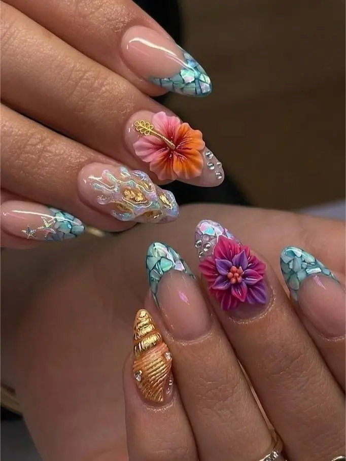 Press On Nails   Luxury 3D Tropical Hibiscus Flower Fake Nails, Gold Seashell & Mermaid Shell French Tip Glossy False Nails Set