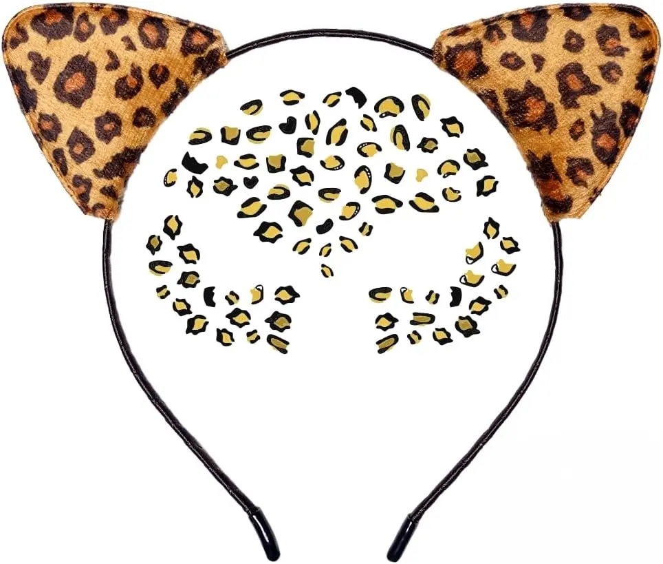 Funcredible Cheetah Ears Headband & Metallic Face Tattoos – Adult Leopard Cosplay & Halloween Costume Accessory Set