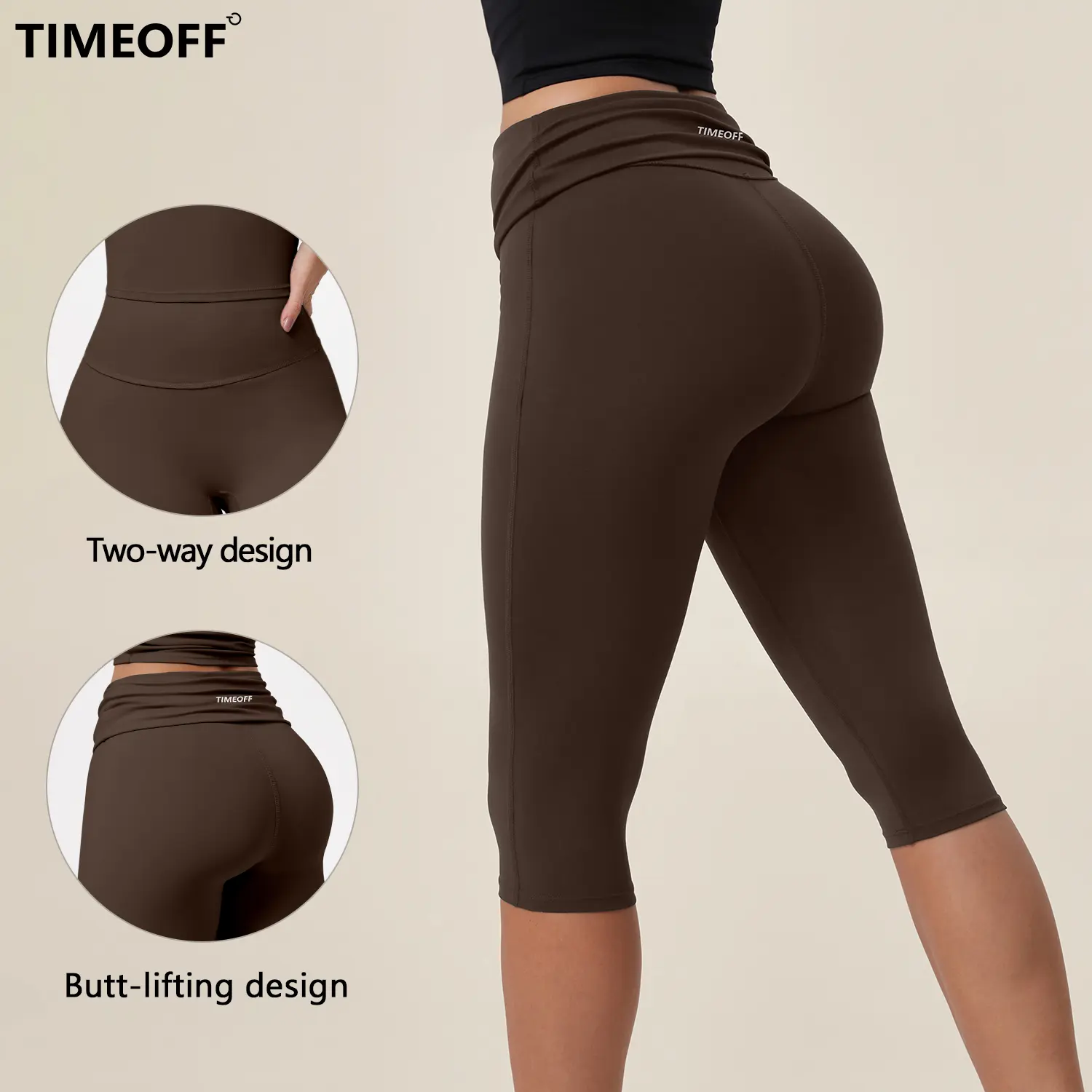 TIMEOFF Women's Fold‑Over Waist Knee‑Length Leggings - Two‑Way Wearable, Butt‑Lifting Design, Stretchy Breathable Fabric | Tummy Control, Non‑Slip, No Ride‑Up | Ideal for Yoga, Gym, Running & Casual Wear,back to school shopping