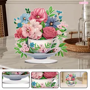 Acrylic Special Shape Teacup Gnome Diamond Painting Tabletop Ornaments Kit Table Top Diamond Painting Ornament Kits 5D DIY Diamond Art Tabletop Decorations for Home Office Decor