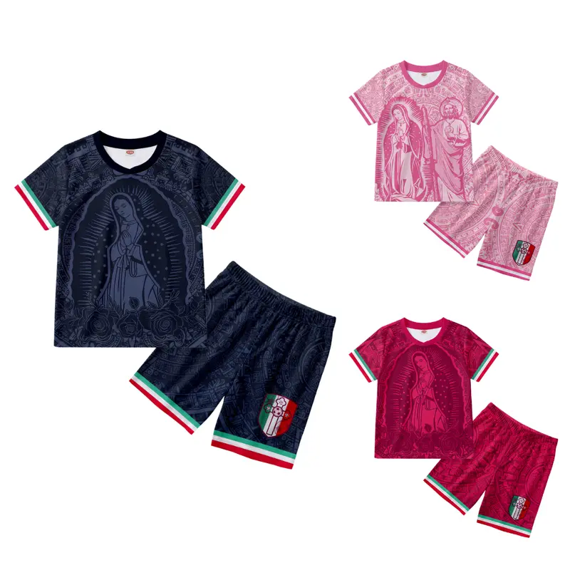 Kids' Light Pink Virgencita & San Juditas Mexican 2-Piece Jersey + Shorts Set, 2026 Match Viewing Parties, 3T-160(13-14y)/11-12y, Lightweight Easy Outfit for Girls' Casual Sports Match Look