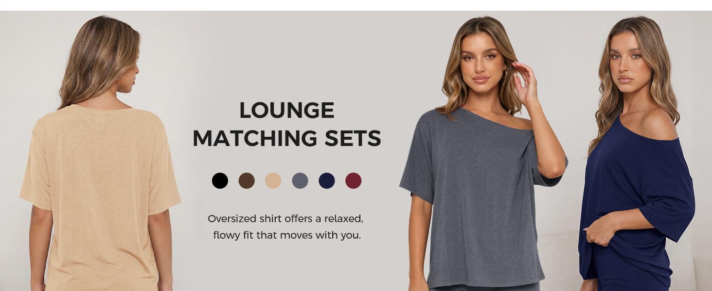 Fisoew Women’s Casual Two Piece Lounge Set Off Shoulder Top & Fitted Shorts Springtok Loungewear Pajama Nightwear Womenswear Clothes Matching pajama pants pajamas sets for women pajama sets women pj sets for women pajamas