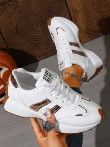 Women's Spring New Arrival Round Toe Thick Sole Comfortable Anti-Slip Fashion Versatile Casual Sports Sneakers, PU Leather, Rubber Sole, All Seasons Sneakers
