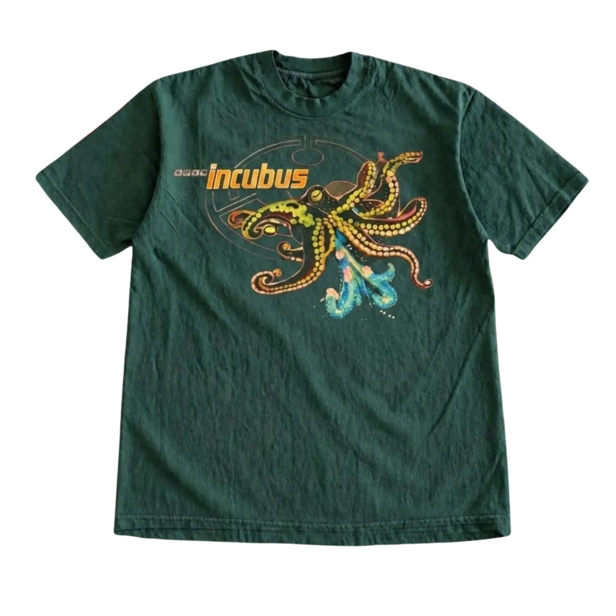 Vintage Incubus Band Octopus Graphic T-Shirt, Detailed Multi-Color Textured Kraken Illustration with Yellow Retro Typography, Unisex Forest Green Streetwear Tee, Alt Rock Fan Outfit