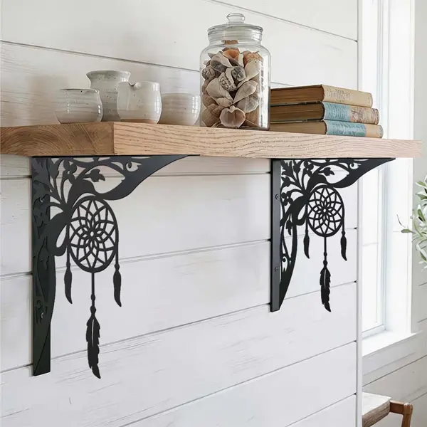 "Wind Chime" Openwork Floating Shelf Brackets (Set of 2) — Sturdy, durable, and easy-to-install wall-mounted brackets featuring an Asian Zen aesthetic; suitable for storage and decorative display in kitchens, bathrooms, bedrooms, and balconies.