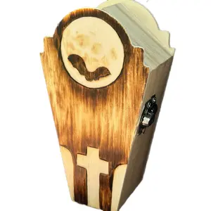 Graveyard Scene Woodburned Coffin Trinket Box with Bat and Cross Design for Halloween Decor