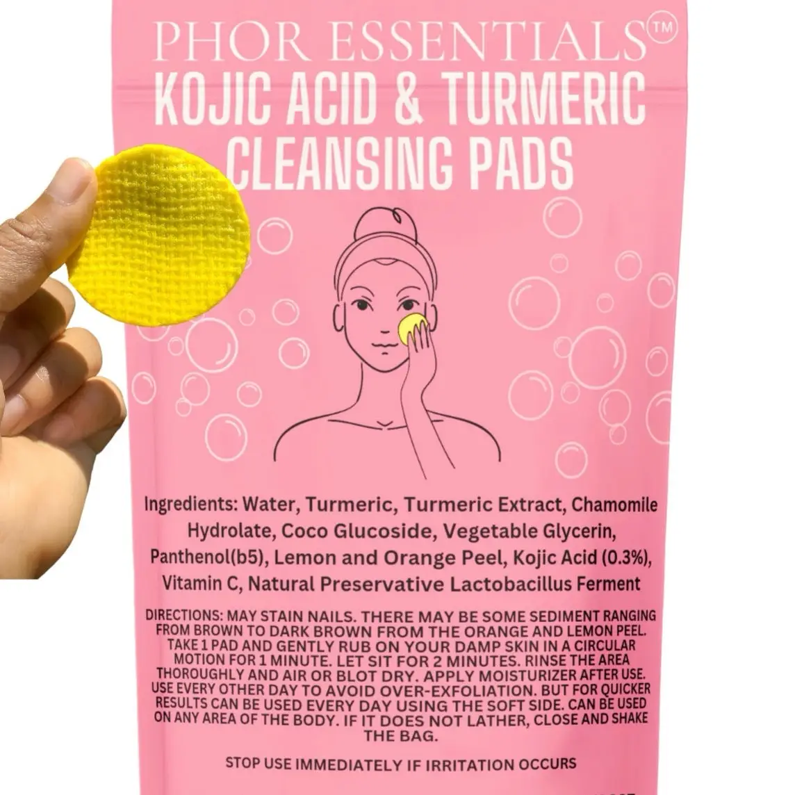 PHOR ESSENTIALS Turmeric Kojic Acid Cleansing Exfoliating Pads Facial Cleansing Foaming Skincare Organic Gentle Smooth Skin Repair Cleanser
