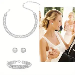 3PCS/Set Fashion Sparkling Necklace,Earrings and Bracelet Set,Jewelry for Women's New Year,Valentine's Day - Sparkling Rhinestone Statement Bridal Bridesmaid Accessories