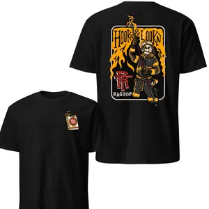 Firefighter Hook & Lookin' T-Shirt, Firefighting Action Graphic Tee, Soft Cotton Blend Shirt, Skeleton & Fire Hook Design for Men & Women