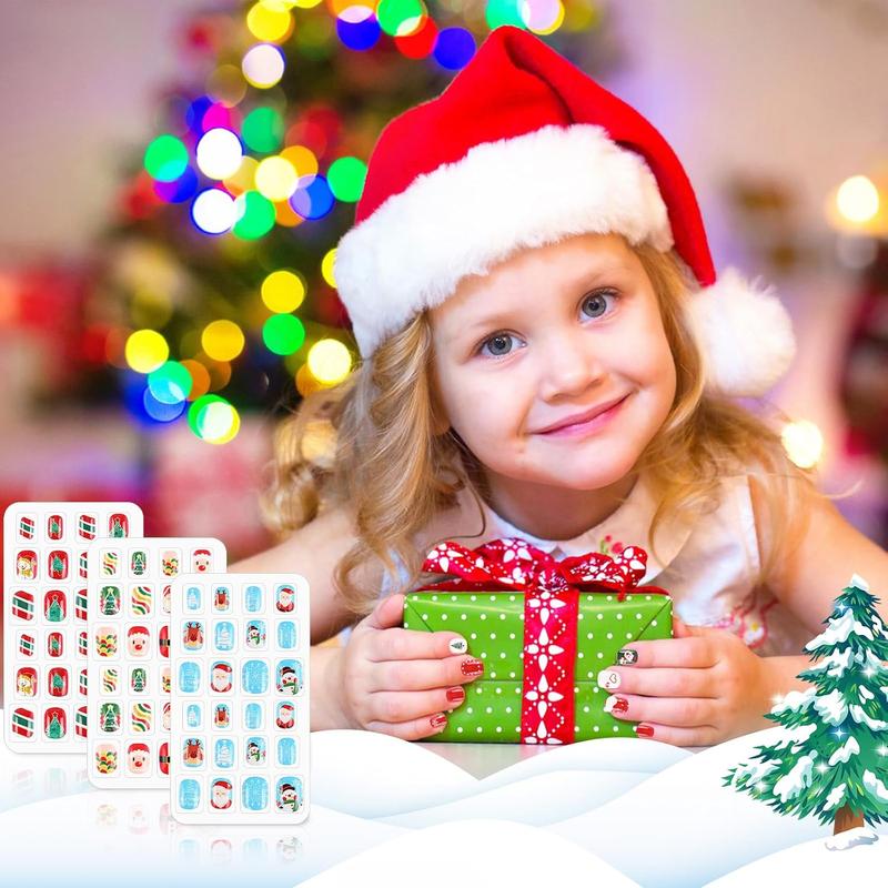 216 Pieces Kids Christmas Press On Nails 9 Pack Full Cover Short Stick On Fake Nails for Girls Cute Holiday Nail Art for Party Favors and Gifts