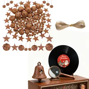 140-Pack Vintage Rustic Jingle Bells Set Includes Star Cutouts Jute Rope Star Hanging Ornament with 5 Meters Hemp Rope Kit for Christmas DIY Crafts Decoration