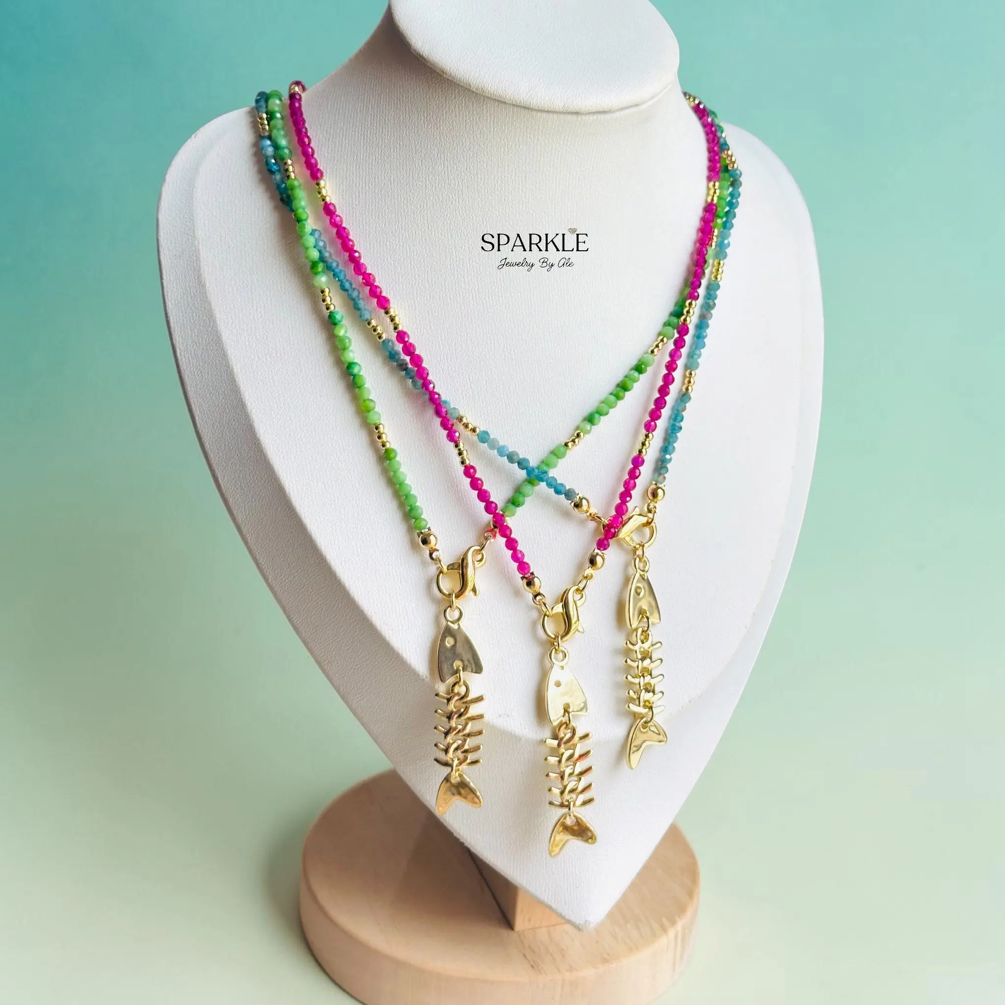 Riviera Fishbone Necklace | Natural Stone Brass 18k gold plated | 24” long 