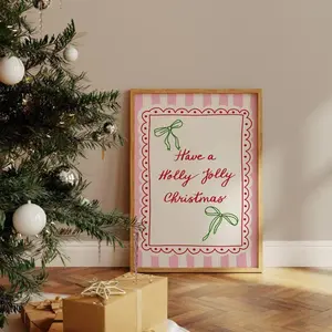 (No Frame) Vintage Christmas Wall Art Girly Pink Merry Christmas Print Trendy Holiday Wall Art Cute Christmas Art Holly Jolly Print