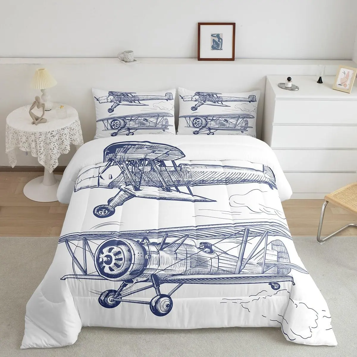 Feelyou Airplane & Helicopter Themed Luxury Bedding Set - Blue White Duvet & Quilt, Bedroom Bedding Set, Decorative Textile Room Decor, Decorative Bedding Set