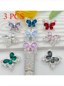 3pcs Heavy-duty Alloy Diamond-encrusted Double-sided Crystal Butterfly Straight-hole Beads DIY Stringing Pen Beads Phone Chain Keychain Loose Beads Accessories Cute Butterfly Charm