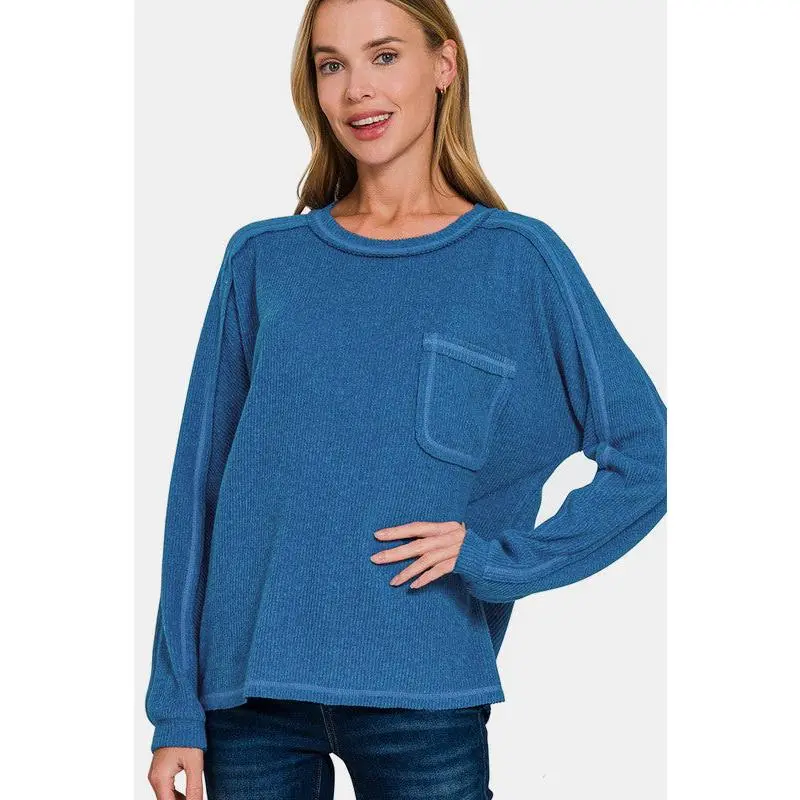 Zenana Full Size Contrast Stitching Brushed Ribbed Hacci Knit Top Plus Size