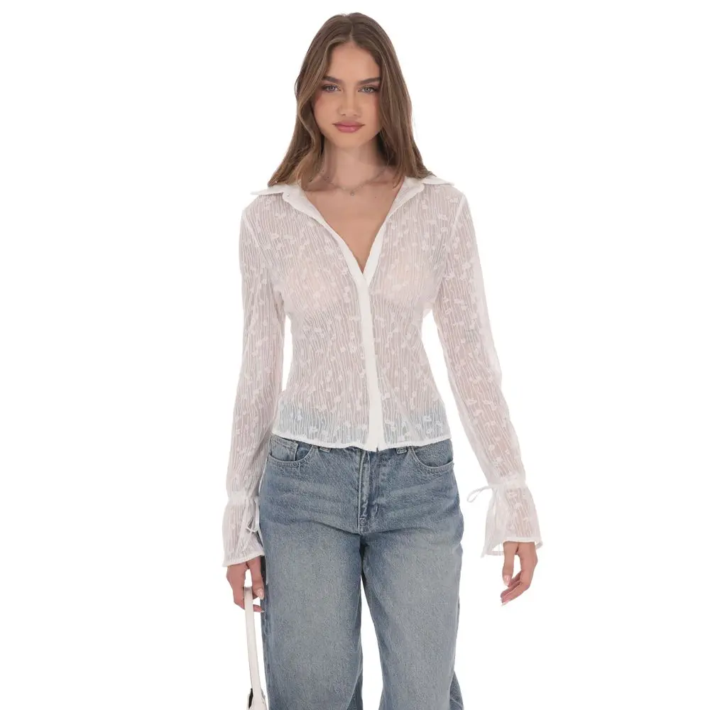 Sheer Mesh Button-Up Top in White