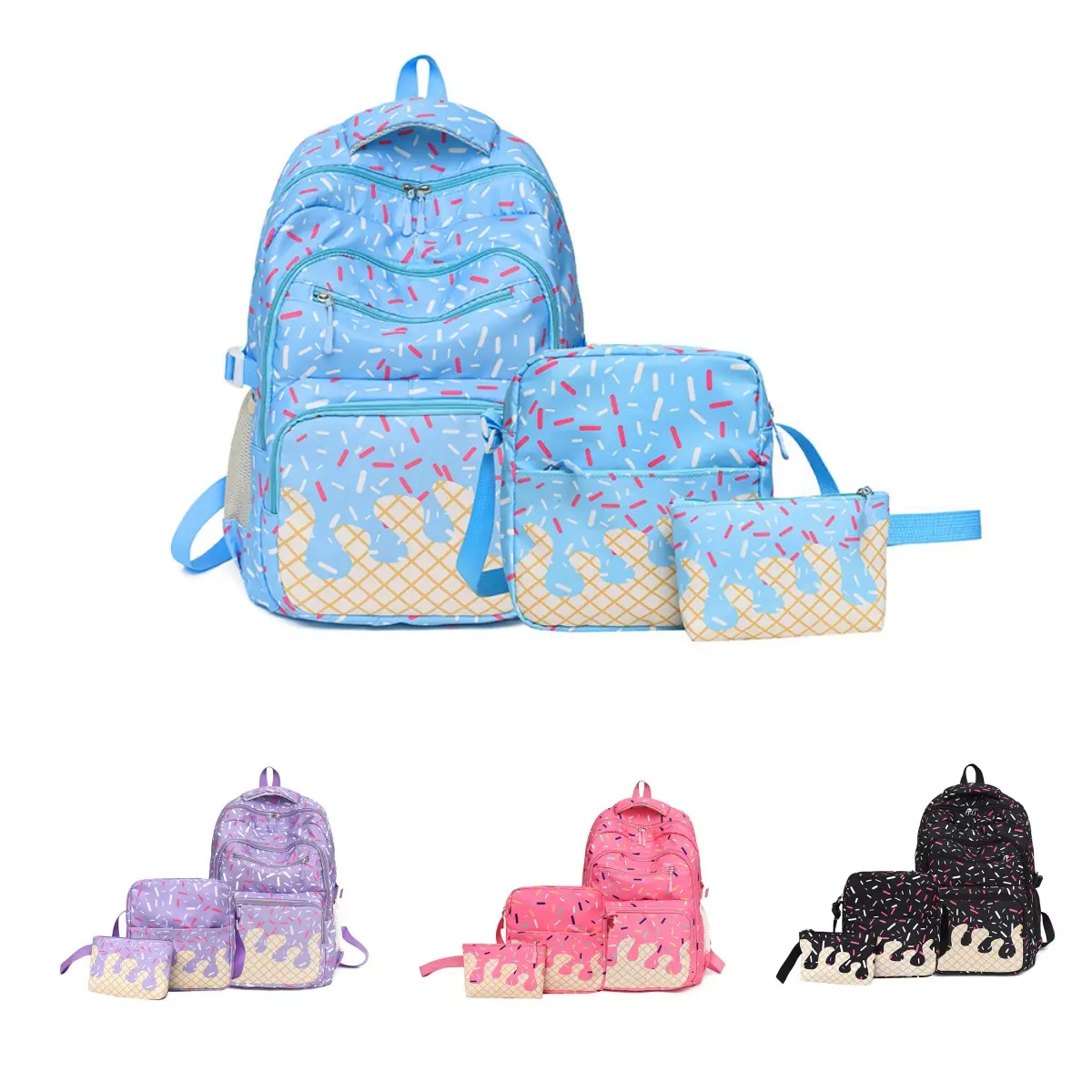 Backpack Set for Girls, 3-Piece Casual Fashion Bag with Ice Cream Sugar Crumbles Print for School and Travel, Backpacks For School