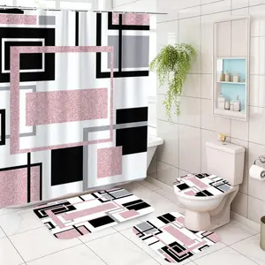 Bathroom Full Set Accessories Kit, Shower Curtain Sets, Includes Shower Curtain, Bath Mat, Toilet Seat Cover & Hooks, Ideal Holiday Gift, Home Decor