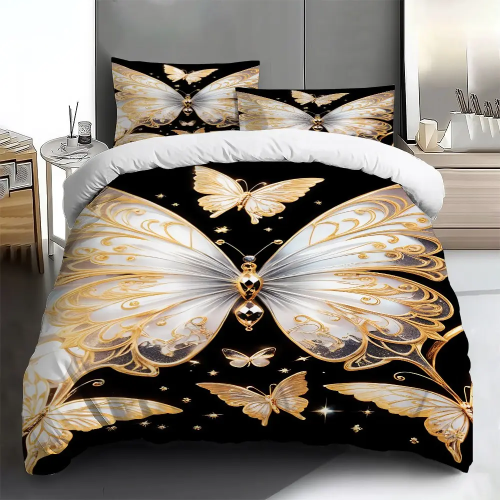 Three-piece bedding set - 2pcs/3pcs 2D Flat Spring Gold and White Butterfly Pattern Duvet Cover Set (1 duvet cover + 1/2 pillowcases, no insert), multi-color printed bedding set, soft and comfortable, suitable for family bedrooms and guest rooms.