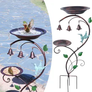 38" H Vintage Freestanding Bird Bath and Bird Feeder with Three Bells with Four Metal Stakes, Garden Patio Lawn Vintage Decorative Birdbath
