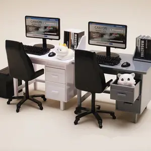 Miniature Computer Desk With Drawers Chair Set Toy, Includes Keyboard Mouse PC Host Office Chair Bookshelf, Options, Compatible with Playhouse