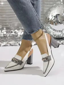 Women's chunky-heeled pointed-toe high-heeled pumps, closed-toe with exposed heel, synthetic leather material, adjustable buckle design, metal chain-embellished high-heeled sandals, suitable for office wear and travel, Footwear