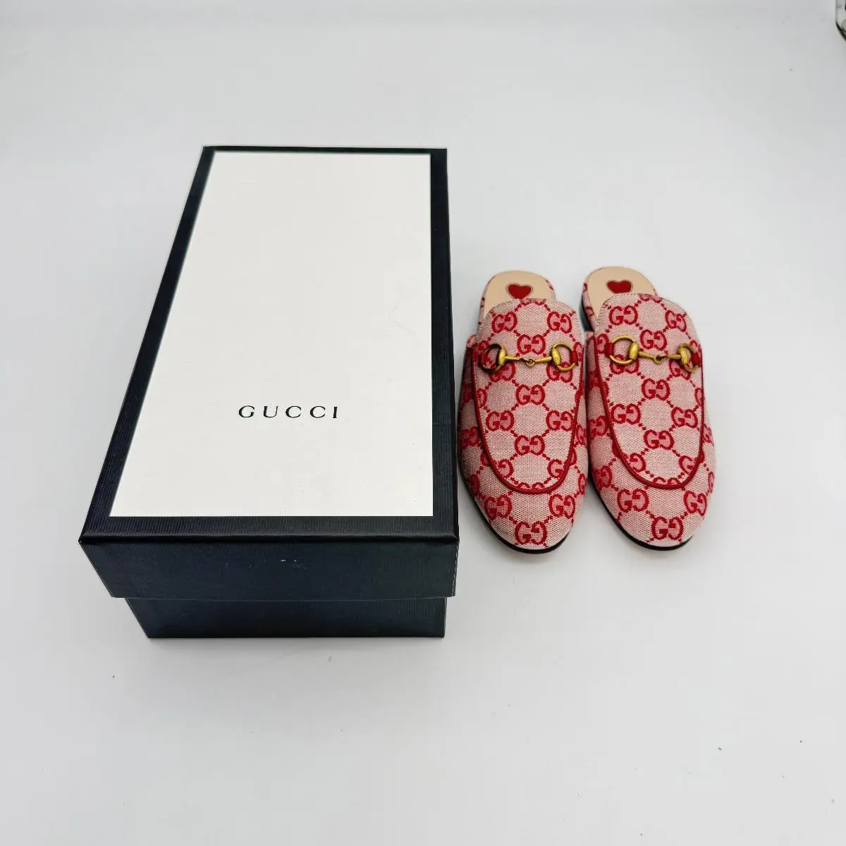 Pre-owned GUCCI Red Princetown Canvas Slippers US size 5.5 080804 Shoe Footwear