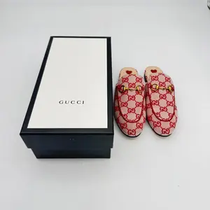 Pre-owned GUCCI Red Princetown Canvas Slippers US size 5.5 080804 Shoe Footwear