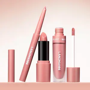 Matte Velvet Lipstick Set of 3, Long-Lasting Makeup Lip Liner, Waterproof Liquid Lipstick and Stick Lipstick, Suitable for All Skin Types