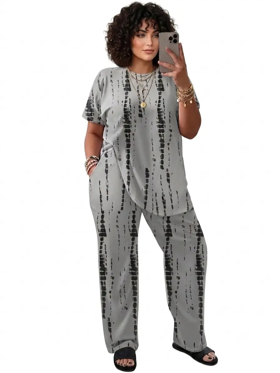 Curvy Fashion Women's Plus Size 2-Piece- Bohemian Crew Neck Short sleeve Clothes Set Tie-Dye GraySplattered Ink Stripes Fabric Top, Stretchy Pants,Comfortable Streetwear Loungewear