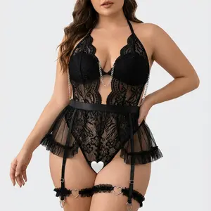 Plus Women's Date Night 5-Piece Baby Doll Lingerie Set: Corset Bikini & Detachable Lace Thigh Garters ling Elegance Accessory Style lingerie set Plus size fashion