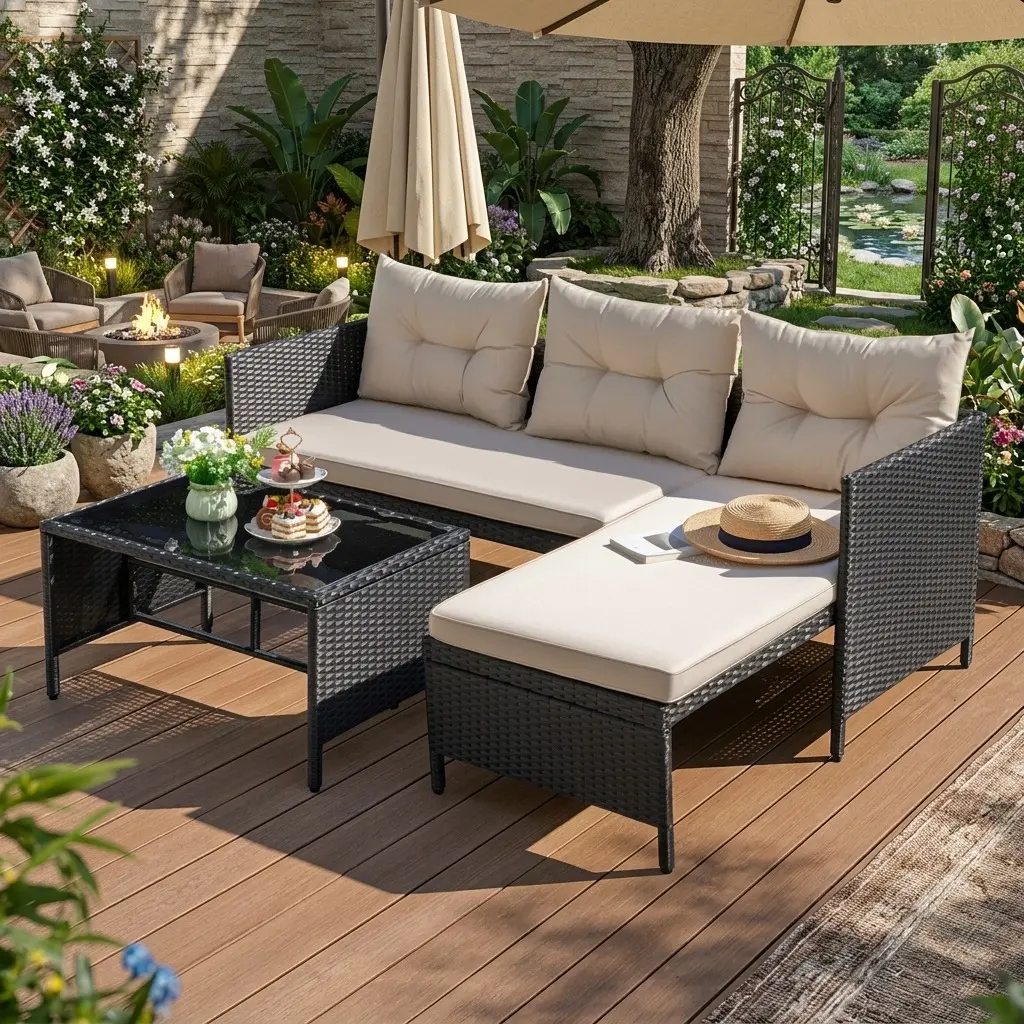 Classic Waterproof 3-Piece PE Rattan L-Shaped Sofa Sectional Couch Set, 2-Seater Loveseat, Chaise Lounge, Button Tufted Thick Soft Cushions, Tempered Glass Coffee Table, Durable All-Weather Outdoor Furniture for Garden & Front Porch