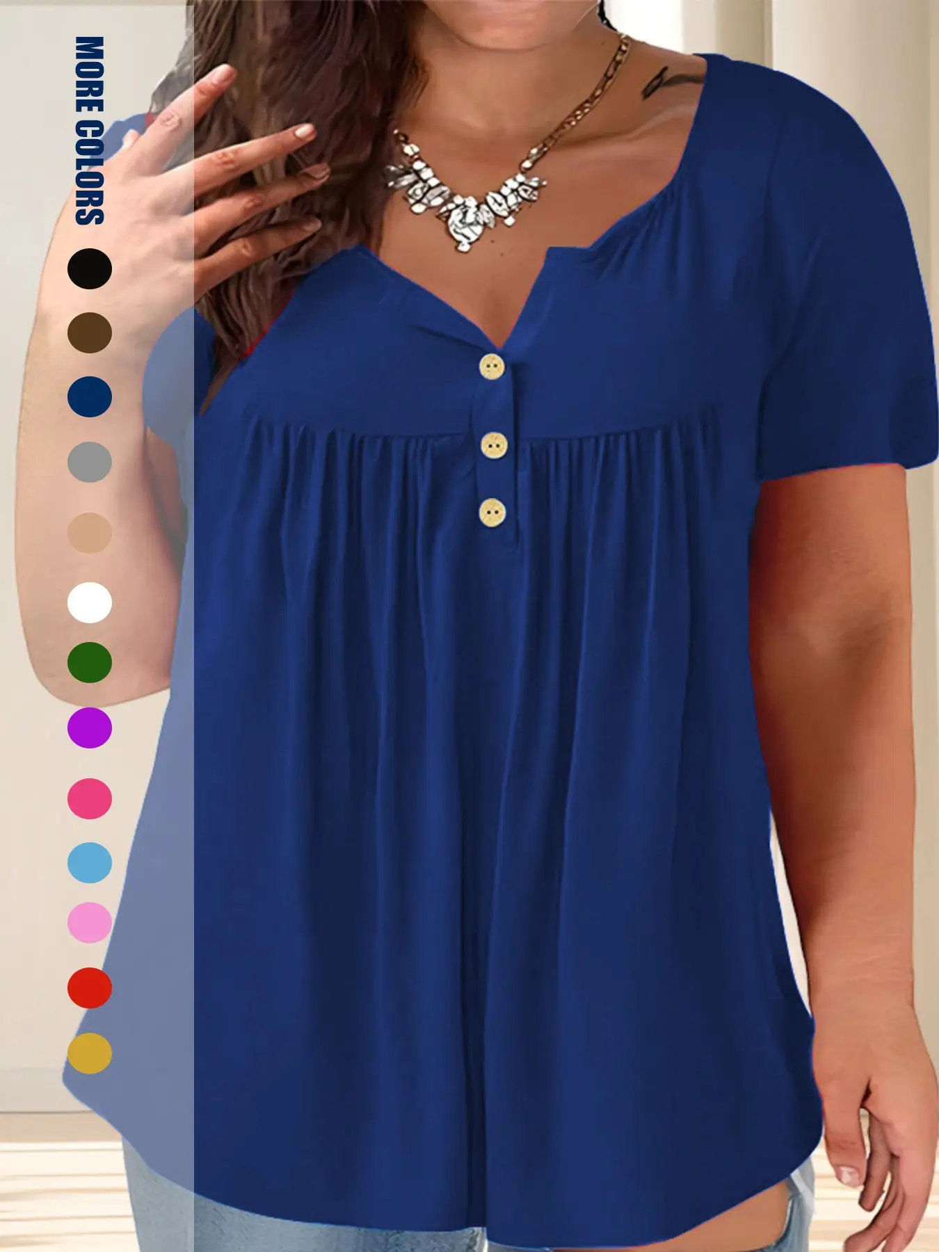 Plus Size Loose Fit V Neck Button Short Sleeve Top, Wrinkle Resistant Versatile Casual Blouses Shirt for Women, Comfortable Daily Wear