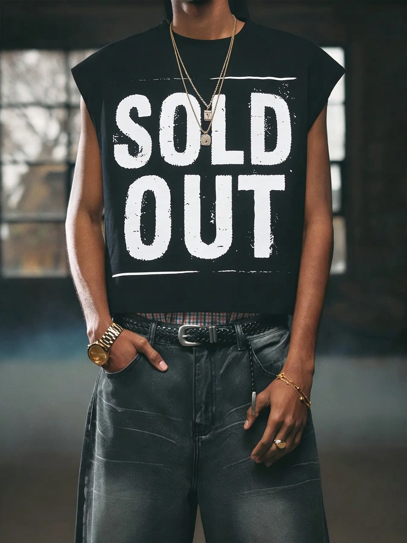 "SOLD OUT" Distressed Graphic Cropped Sleeveless Loose Casual Tee - Edgy Streetwear Hip Hop Cut-Off Tank Top Casual Fashion Clothing for Summer Concert & Festival Outfits Vibe