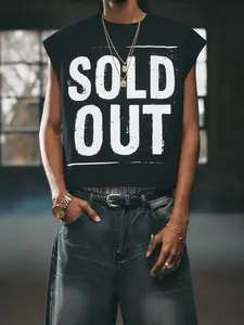 "SOLD OUT" Distressed Graphic Cropped Sleeveless Loose Casual Tee - Edgy Streetwear Hip Hop Cut-Off Tank Top for Summer Concert & Festival Outfits Vibe