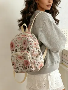 1 piece of pink floral pattern 2D printed ladies' backpack, corduroy texture + layered storage + light weight reduction | perfect for students going to class/shopping/short trips | atmosphere and practicality combined