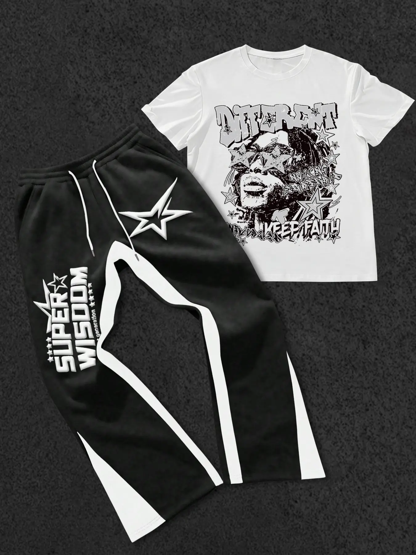 The men's two-piece set, Casual set, includes a crew neck short-sleeved T-shirt with stars, letters, graphic print and slim-fit trousers, knitted fabric, suitable for everyday wear and all seasons, Classic