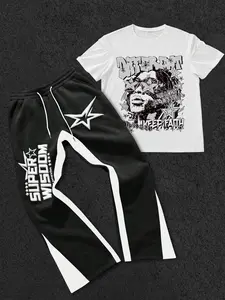 The men's two-piece set includes a T-shirt with stars, letters, and a graphic print, and a pair of trousers; a crew neck short-sleeved T-shirt and slim-fit trousers; knitted fabric; suitable for everyday wear and all seasons, Matching Outfit