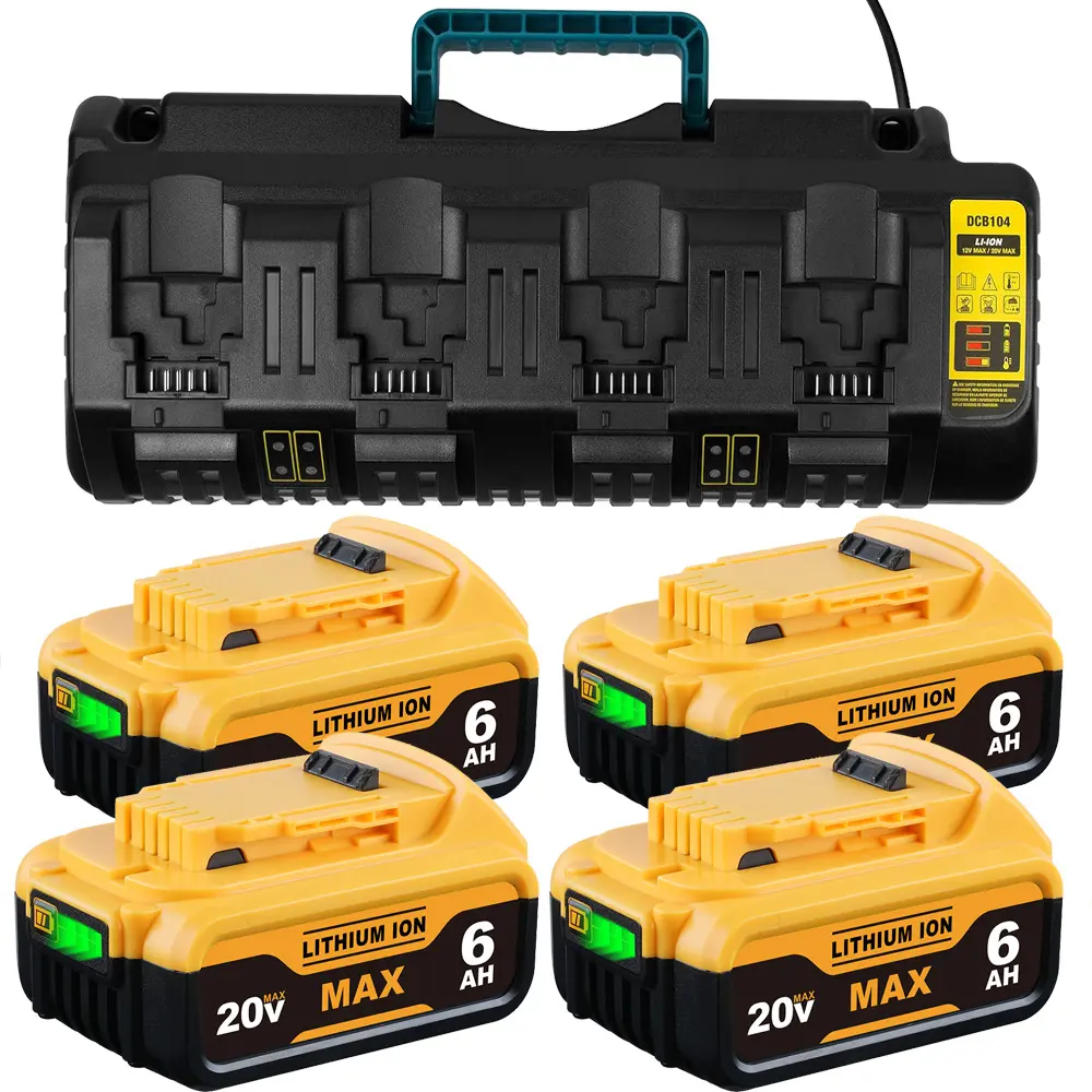 4/2Pack 20 Volt 6.0Ah Li-ion Battery and Charger Combo DCB104/DCB112 Replacement for Dewalt 20V Max Battery and Charger DCB200 DCB206 Compatible with Dewalt 20V DCD DCF DCG DCS Series Power Tool and Chargers