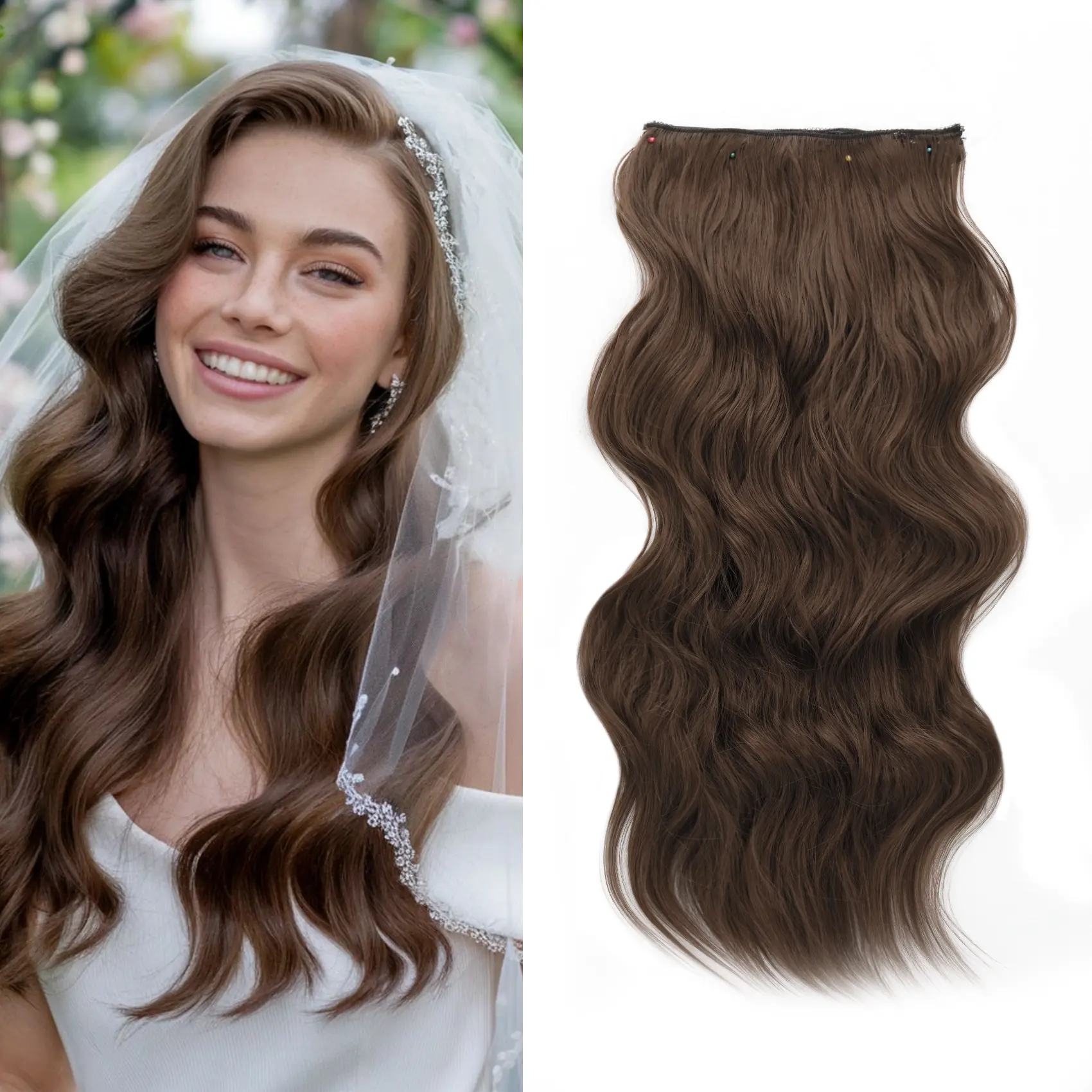 Qbeauty Women's Synthetic Soft Hair Clip-in Extensions - 4PCS Chestnut Brown Long Wavy Thick Double Weft Hairpieces, Color Crush, Strong Grip Vibes, Gift Box, Female, Long Wavy Hair, Clip Hair Extensions