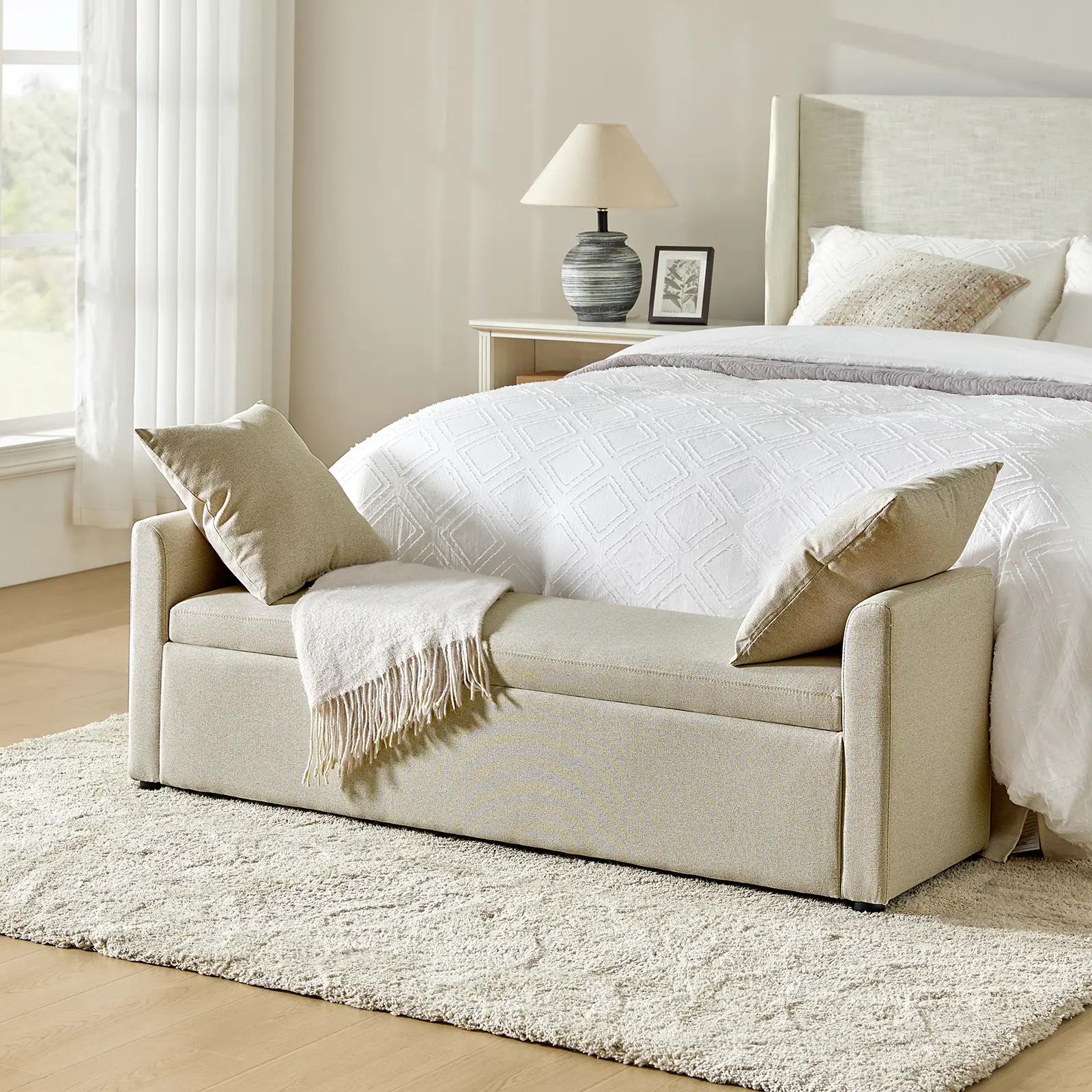 Hulala Benito 59.4" Wide End Of Bed Storage Couch Bench With Two Throw Pillows, Thick Foam Cushions, Comfort and Support, Stylish Storage Solution, Di