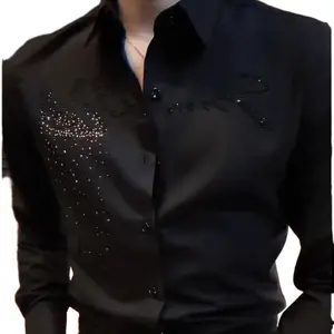 Spring and Autumn men's fashionable business casual rhinestone button up shirt men's style England black long sleeved slim fit handsome top men's style