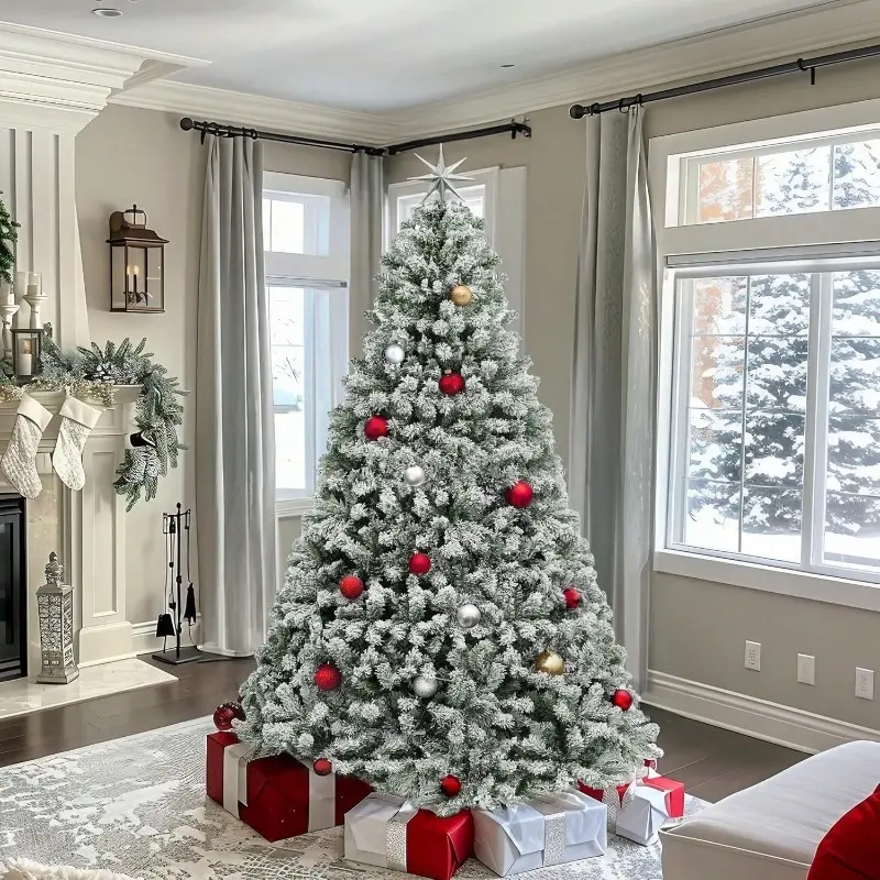 6ft Snow Flocked Plastic Artificial Full Christmas Tree - 250 Lights, 11 Lighting Modes, 1000 Tips, Foldable Base, Wall Hanging Compatible - for Home, Kid Room, Business Landscape Theme Festive & Party Decorations