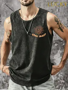 American street retro amusement park “Spooky Island” themed tank top featuring a skull head pattern illuminated by sunlight; includes “Spooky Island” and “EST.” 2002 Amusement Park Fictional Theme Outfit for Island Resort