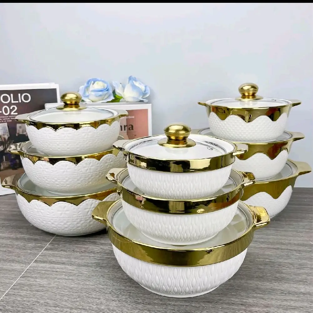 Elegant White and Gold Serving Bowl Set - Luxury Casserole Dish with Glass Lid for Kitchen, Dining Use