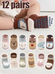 12 Pairs Baby Boys Cartoon Socks Anti-Slip, Toddler Walking Socks, Newborn Baby Boy Animal Print Socks, Unisex Short Socks