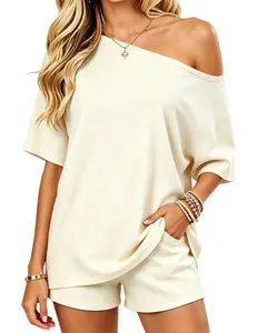 Womens 2 Piece Summer Shorts Set Lounge, Off Shoulder Short Sleeve Top + Elastic Waist Shorts Matching Outfit, Soft Stretch Fabric Casual Loungewear Set, Solid Color Loose Fit Daily Streetwear, Trendy Summer Cozy Two-Piece Tracksuit for Women