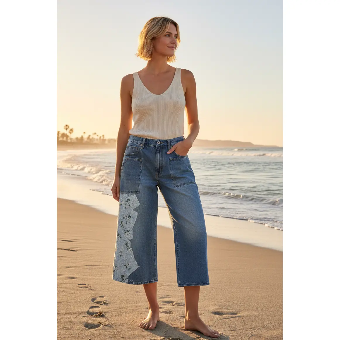 XL - Upcycled Demin Cropped Leg Pants with Floral Patches